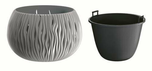 Bloempot met inzet SANDY BOWL grijs steen 29cm